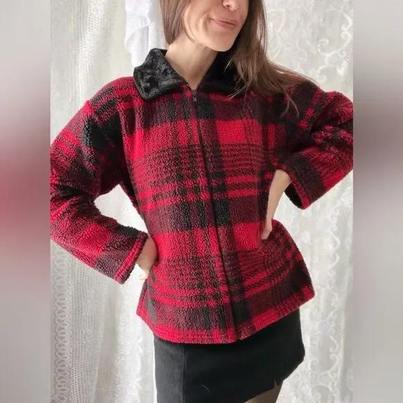 Vintage Plaid Fleece Jacket Red Black Faux Fur Collar Zip Front Size S - Picture 1 of 10